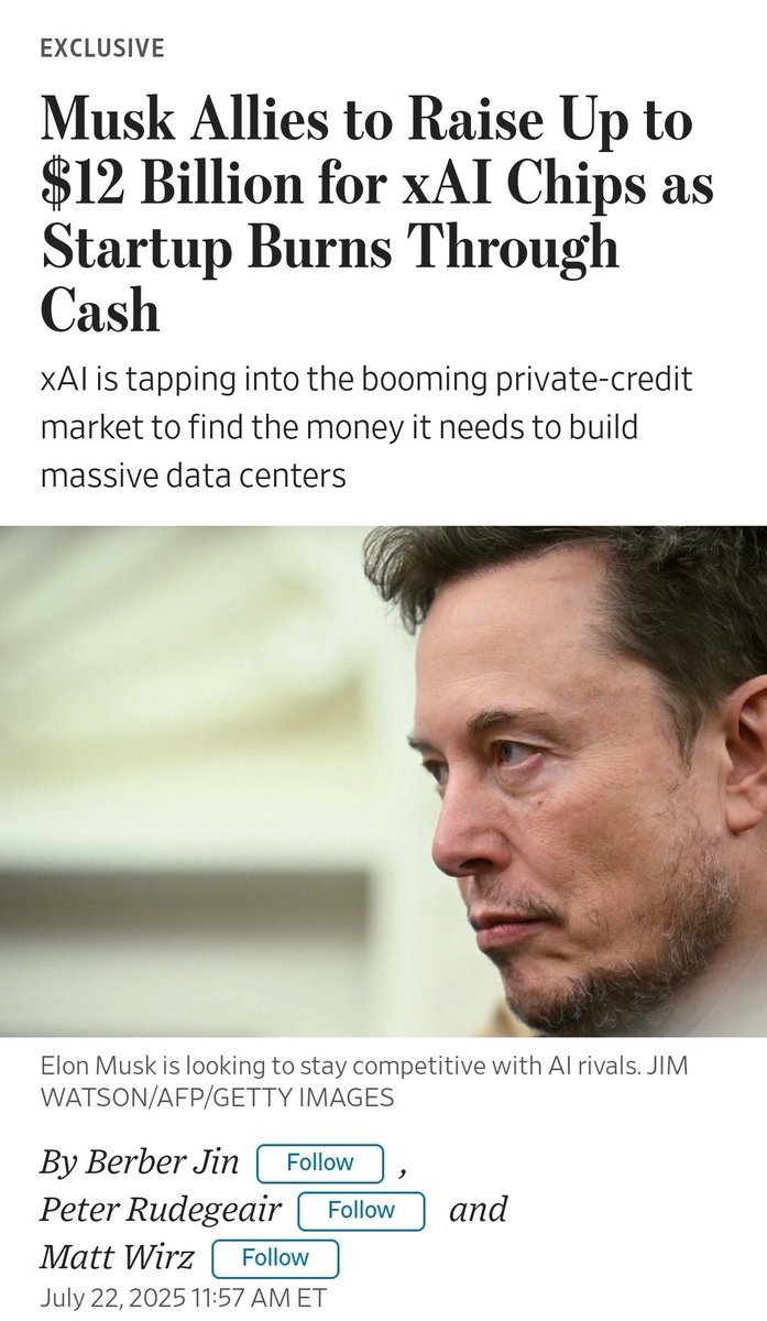 zeroshorts's tweet image. "Cash at xAI is going out the door almost as soon as it arrives. Under projections shared with potential creditors a few months ago, xAI was slated to burn about $13 billion in cash in 2025...isn’t profitable and generates a very small amount of revenue."
wsj.com/tech/ai/elon-m…