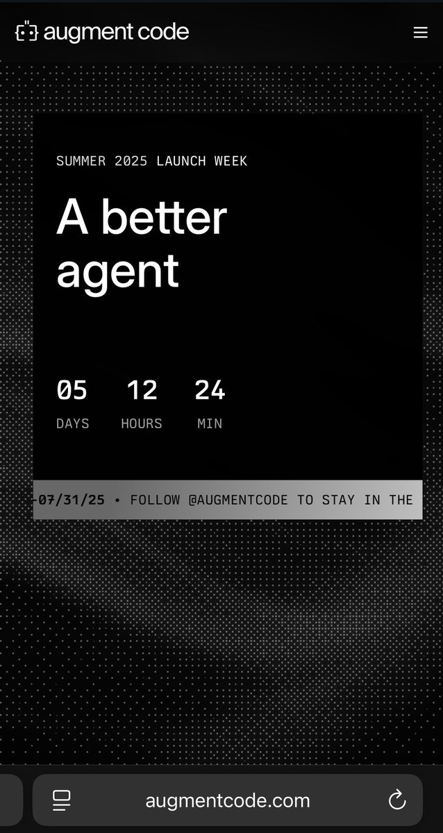 sai_revanth_12's tweet image. Alert 🚨
SUMMER 2025 LAUNCH WEEK @augmentcode
Excited for the launch week
28/07-31/07/2025
augmentcode.com/launch-week/su…
Looking forward for the amazing new features at the best agentic coding tool really love the team putting soul into agentic code capabilities .