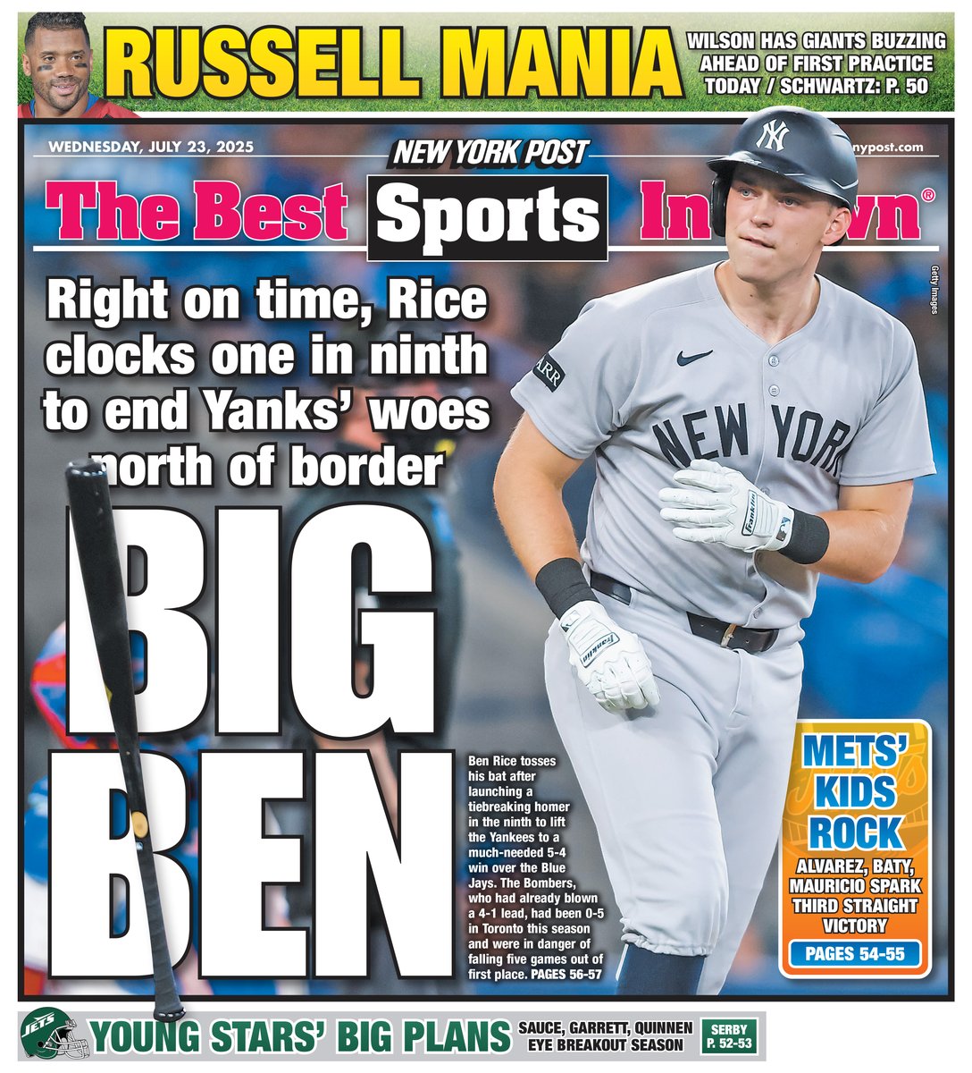 nypostsports's tweet image. The back page: BIG BEN
Right on time, Rice clocks one in the ninth to end Yanks' woes north of border
Read more: trib.al/PmNjpii