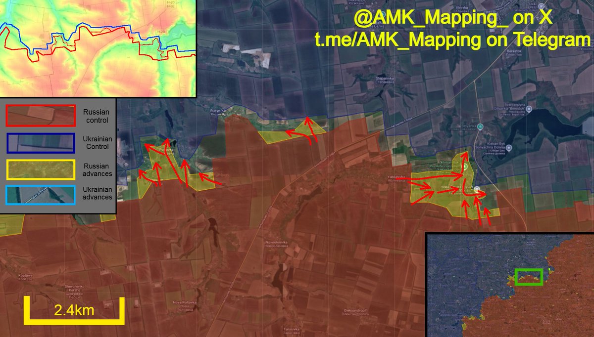 AMK_Mapping_'s tweet image. In the Kostyantynivka direction, Russian forces continued to advance and have made new progress in multiple areas.
Russian forces advanced in three areas. In the east, taking advantage of a large decrease in the size of the Ukrainian garrison holding Yablunivka, they intensified…