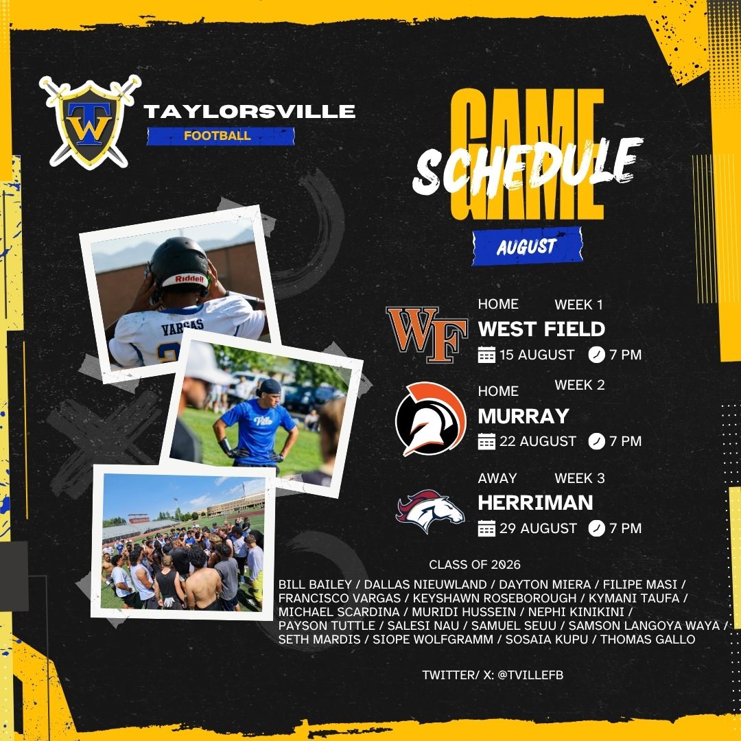 Brandon Thomas (@cheddarmoose) on Twitter photo Less than a month away! We are ready to kick off the season! Here is our August schedule. <a href="/TvilleFB/">TvilleWarriorFootball</a>
Head Coach: <a href="/HC_Rozy/">Chris Rosales (Coach Rozy)</a>
Taylorsville Football Players:
<a href="/masidfilipe/">Masi</a> <a href="/Liltom1103/">Thomas Gallo Jr</a> <a href="/DaytonMiera/">Dayton Miera</a> @Dallas393374764 <a href="/FranciscoVarg6/">Francisco Vargas</a> <a href="/BradenDukatz17/">Braden Dukatz</a> <a href="/Samson_waya/">Samson Langoya Waya</a> <a href="/MuradEltayeb/">Murad Eltayeb Osman</a> <a href="/Shaneaj45/">Shane Johnson ⭐️⭐️⭐️</a> Less than a month away! We are ready to kick off the season! Here is our August schedule. <a href="/TvilleFB/">TvilleWarriorFootball</a>
Head Coach: <a href="/HC_Rozy/">Chris Rosales (Coach Rozy)</a>
Taylorsville Football Players:
<a href="/masidfilipe/">Masi</a> <a href="/Liltom1103/">Thomas Gallo Jr</a> <a href="/DaytonMiera/">Dayton Miera</a> @Dallas393374764 <a href="/FranciscoVarg6/">Francisco Vargas</a> <a href="/BradenDukatz17/">Braden Dukatz</a> <a href="/Samson_waya/">Samson Langoya Waya</a> <a href="/MuradEltayeb/">Murad Eltayeb Osman</a> <a href="/Shaneaj45/">Shane Johnson ⭐️⭐️⭐️</a>