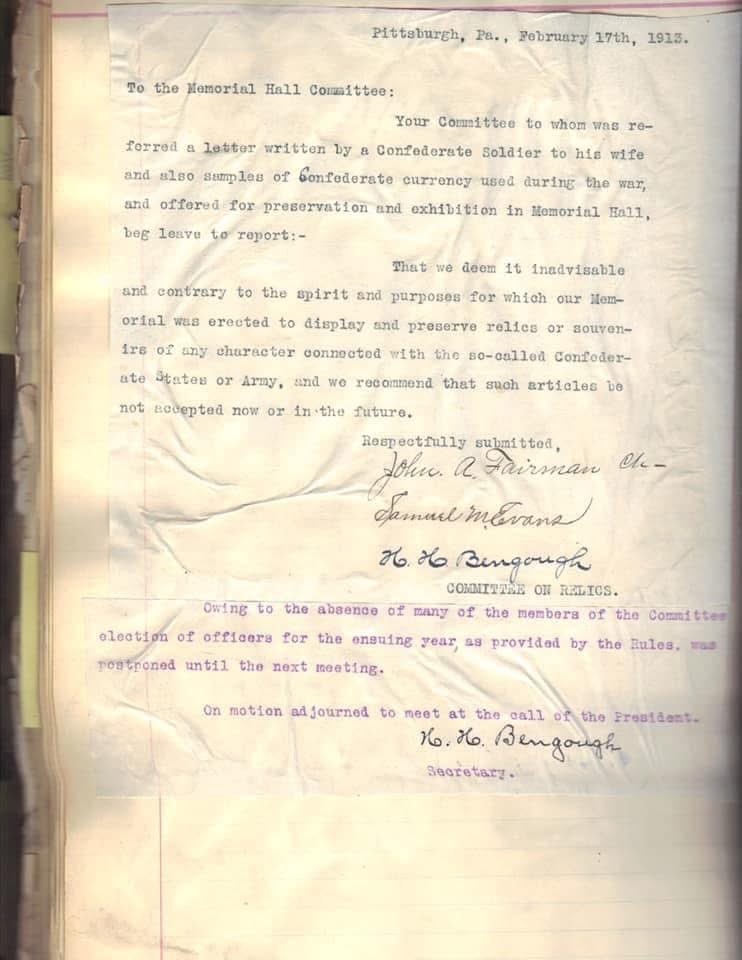 RichardPCondon's tweet image. William Fairman, 154th Tennessee, was wounded on July 22, 1864 at the battle of Atlanta - 700 miles from his home in Pittsburgh.
In 1913, his brother John, a veteran of Knap’s Pennsylvania Battery and board member of Pittsburgh’s Soldiers & Sailors Memorial, signed this motion.