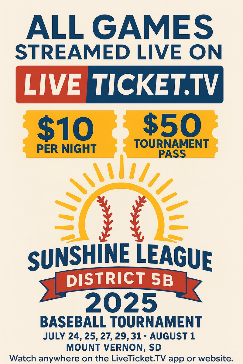 We are excited to announce that all District 5B games will be broadcasted! 

Happy to partner with our friends at Live Ticket TV in order to bring the games to those who can’t attend! 

All information can be found at LiveTicket.tv and clicking the pay-per-view event!