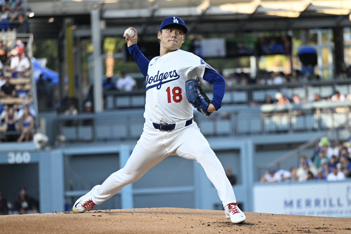 DodgerInsider's tweet image. Yoshinobu Yamamoto’s final line: 5 IP, 5 H, 3 R (1 ER), 1 BB, 8 Ks, 101 pitches/65 strikes.