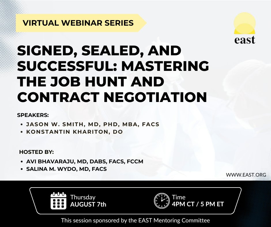 EAST_TRAUMA's tweet image. 📢 Land the job. Nail the contract.
Join us Aug 7 for “Signed, Sealed, and Successful” w/ Dr. @DrJtrauma & Dr. Konstantin Khariton.
🕓 4 PM CT / 5 PM ET
🔗 Register: bit.ly/3TPhmRF
#EASTMentoring #TraumaSurgery #JobSearch #MedTwitter #ContractTips