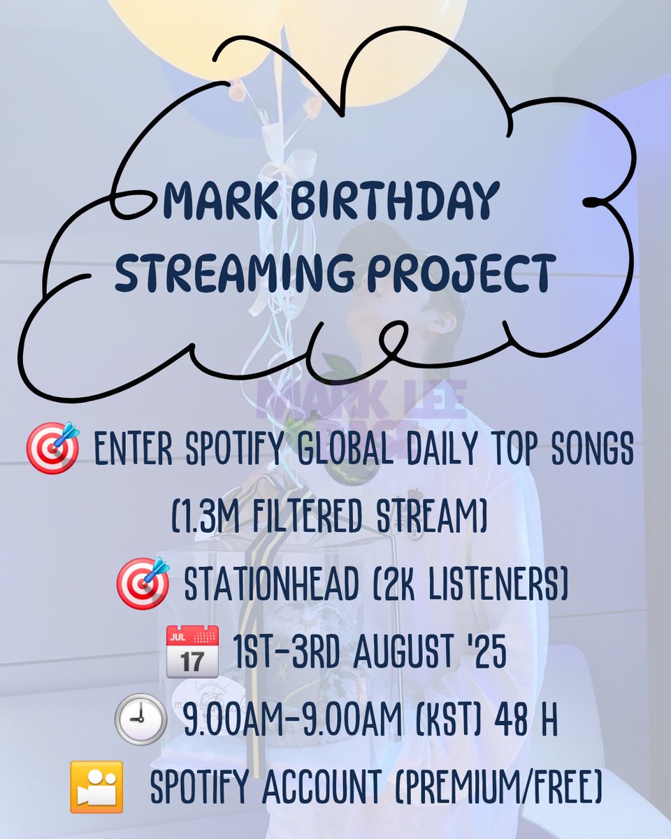 Marklee_base's tweet image. #MARK BIRTHDAY STREAMING PROJECT ๐ฏ
๐ฏ Enter Spotify Global Daily Top Songs
๐ฏ Stationhead 2k listeners
๐
1st-3rd August
๐ 9.00am-9.00am(kst)
Fill up the form if you want to be part of the team!
๐ forms.gle/JnEMrtCrY9jX1rโฆ
RT & spread to all markfs!
#markleestream