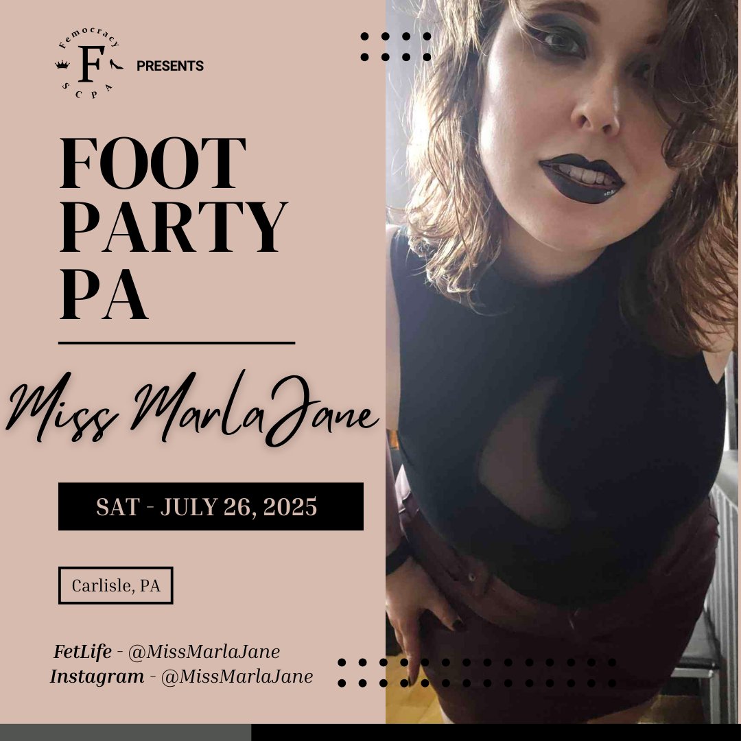 Miss Marla Jane is coming to #FootPartyPA👣

Where Supreme soles meet wicked control😈

Beyond that sugar sweet smile are the toes of a sadist ready to tease, torment, &amp; trample you into blissful obedience🙇‍♂️

Apply now to be first if slots open tinyurl.com/58e4jkwe