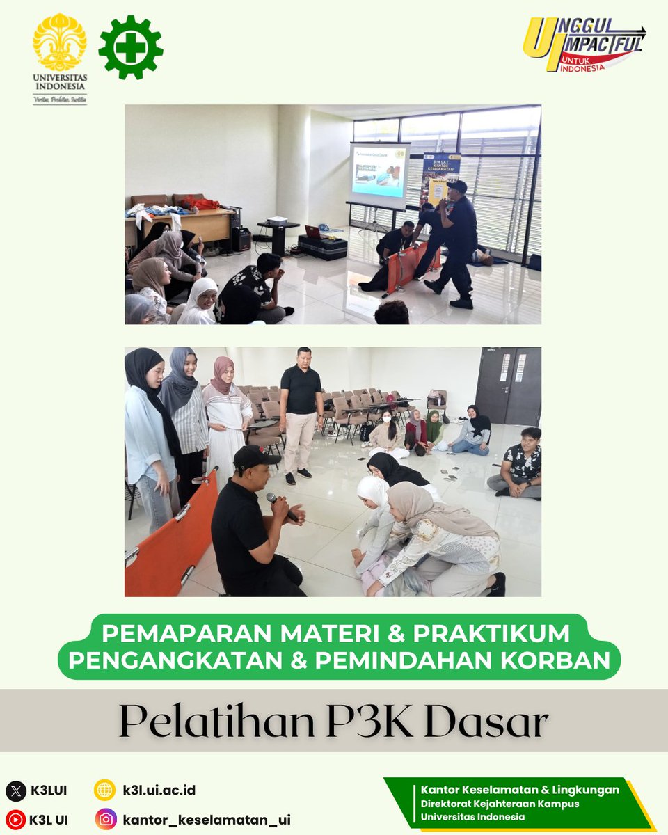 (21/7) Kantor Keselamatan &amp; Lingkungan memberikan Pelatihan P3K Dasar untuk Mahasiswa Panitia Mabim Vokasi Program Studi Fisioterapi &amp; Akuntansi dan Tim Medis OKK - Mabim Fakultas Ilmu Keperawatan UI. 
Semoga pengetahuan &amp; keterampilan yg diberikan dapat bermanfaat.#p3k #budayak3