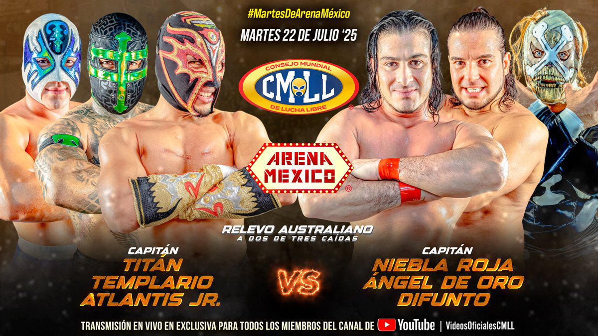 CMLL_OFICIAL's tweet image. En el evento especial de la noche,Titán, Templario y Atlantis Jr. unieron fuerzas para imponerse con autoridad ante los peligrosos Hermanos Chávez -Ángel de Oro y Niebla Roja- y el enigmático Difunto.
#MartesDeArenaMéxico
#3aCaída
📺 EN VIVO: youtube.com/live/dRYQGBbuK…
