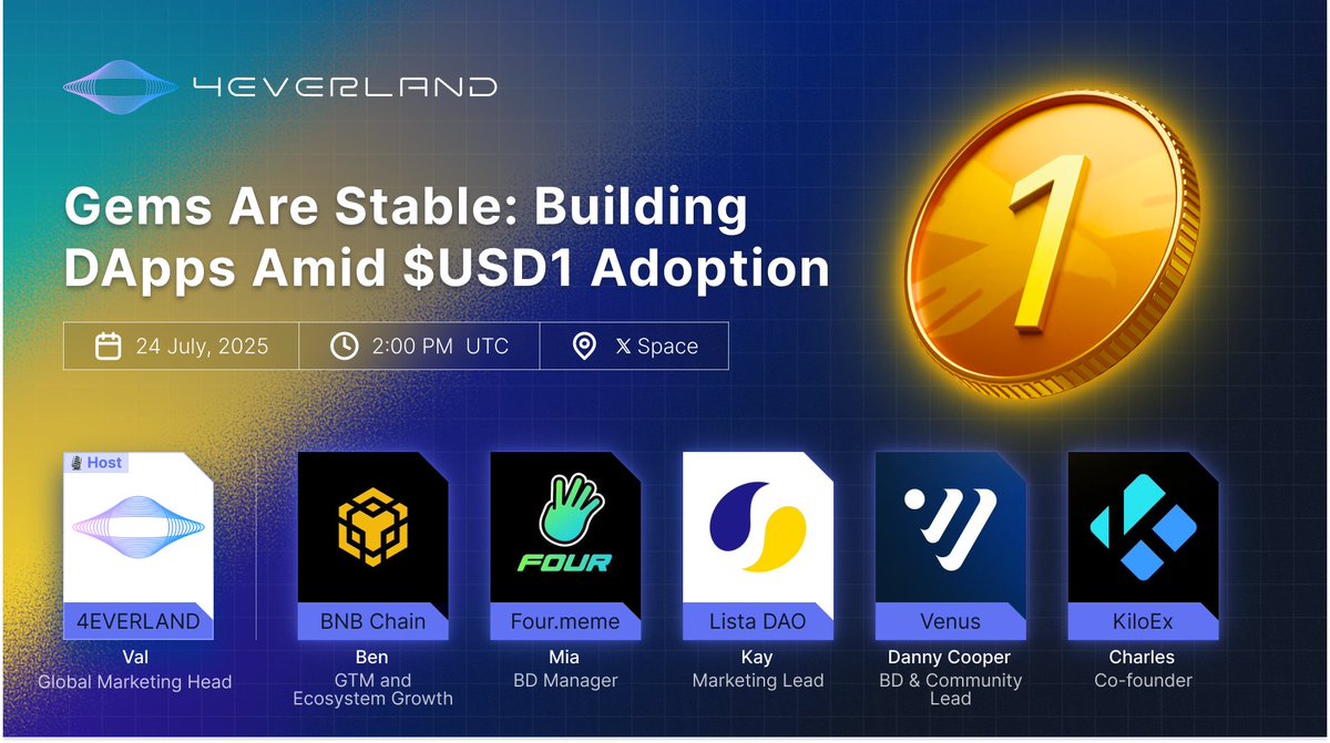 4everland_org's tweet image. 🎙️X Space Spotlight | Gems Are Stable: Building dApps Amid $USD1 Adoption
💎Featured Guests:
@BNBCHAIN | @four_meme_ | @VenusProtocol | @lista_dao | @KiloEx_perp
Discussion Highlights:
✅$USD1's pivotal role in @BNBCHAIN's eco
✅Must-know features & real-world use cases
✅Why…