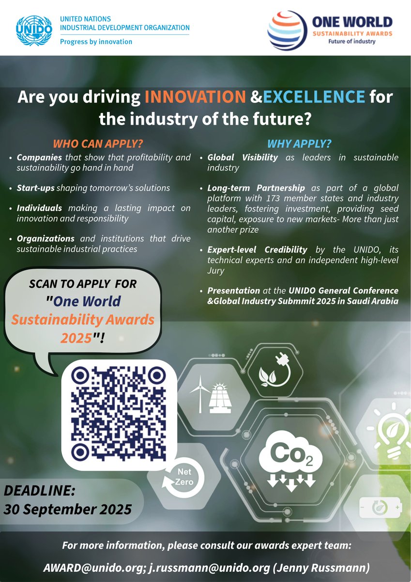 Got an innovative industrial solution? Share it with the world!

Apply for the #OneWorldSustainableAwards2025 to gain global exposure, build lasting partnerships 🤝, and earn expert-level recognition 🏆 at the #UNIDO Global Conference in Saudi Arabia.