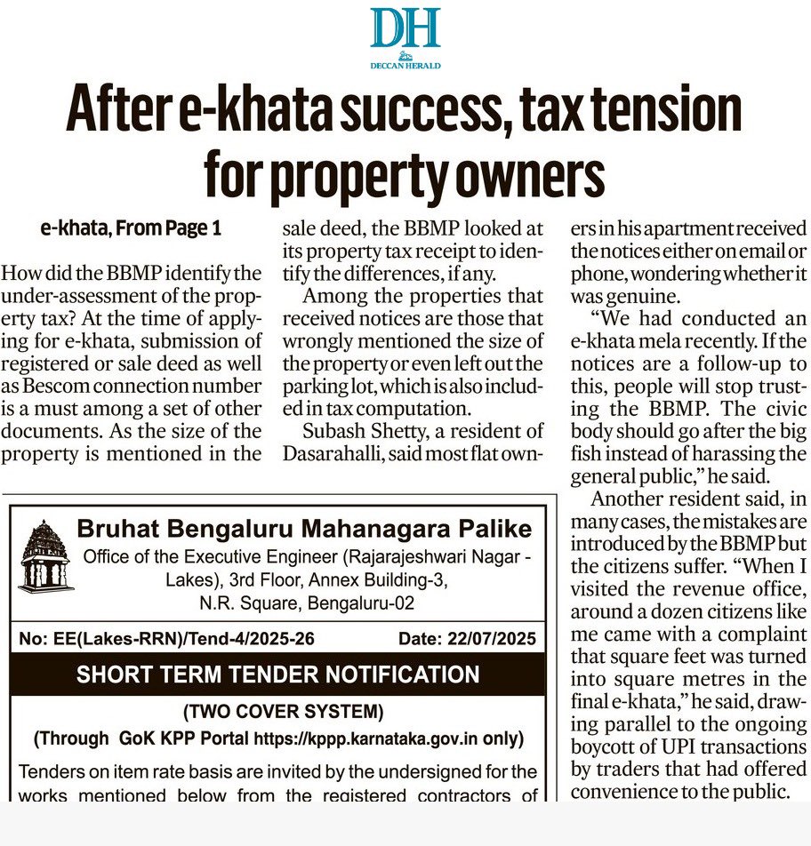 naveenmzs's tweet image. After e-khata relief comes a tax shock
Over 26,000 residents in #Bengaluru — who literally moved mountains to get e-khata — get notices over mismatched property sizes.
Trust hit, citizens say big fish go free while common folks get notices.
#BBMP