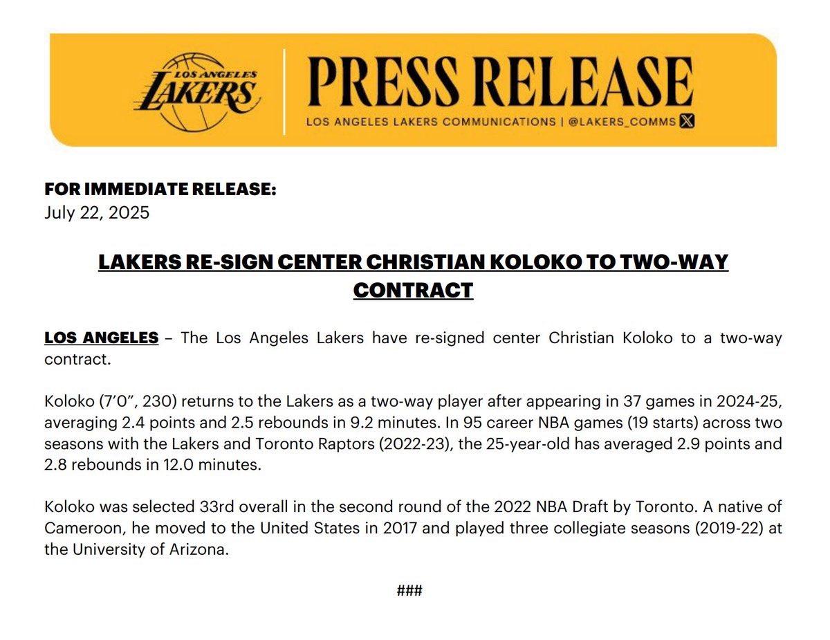 The Lakers have re-signed Christian Koloko to a two-way contract, per the team. #Lakeshow