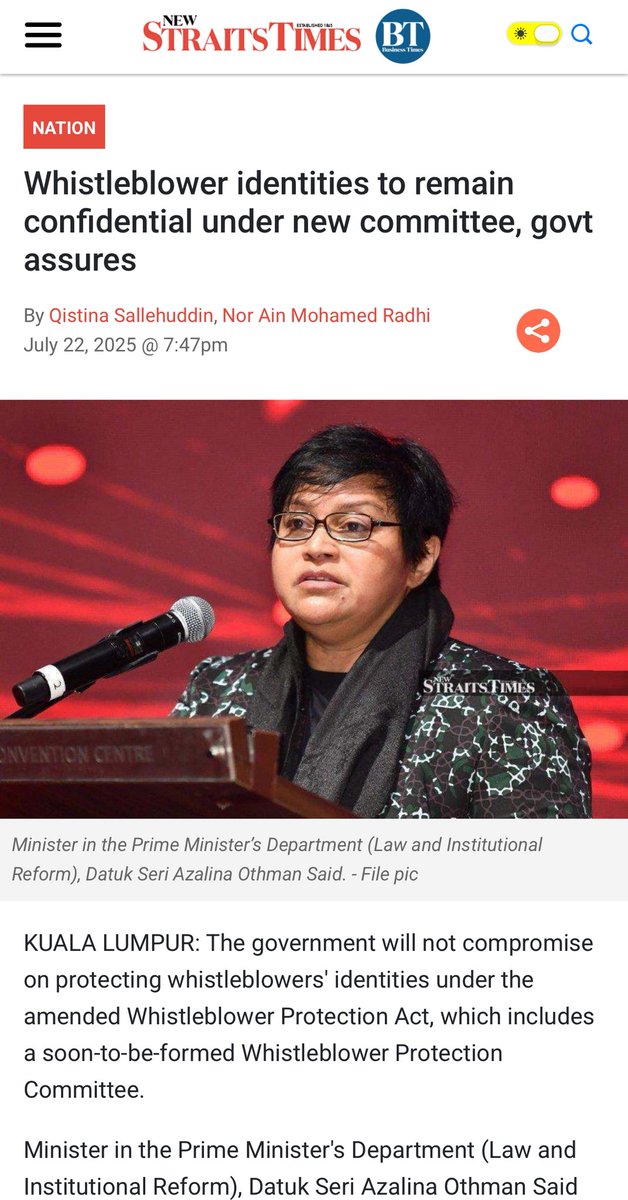 AzalinaOthmanS's tweet image. MADANI BEKERJA

Liputan berita dalam akhbar-akhbar utama negara mengenai pindaan Akta Perlindungan Pemberi Maklumat yang dibentangkan oleh YB Dato’ Sri Azalina Othman Said, Menteri di Jabatan Perdana Menteri (Undang-Undang dan Reformasi Institusi) di Dewan Rakyat pada 22 Julai…