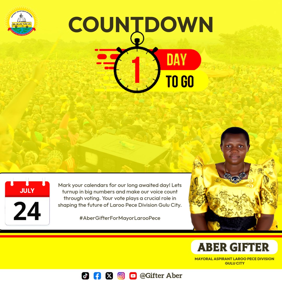 GifterAber's tweet image. 1 Day to Go
Tomorrow is the day we have been preparing for, I am counting on your trust, your voice and your vote in the NRM Primaries for Mayor of Laroo-Pece, Gulu City.
Let’s shape a future built on Hard work, Service delivery, Respect & unity.
#AberGifterForMayorLarooPece