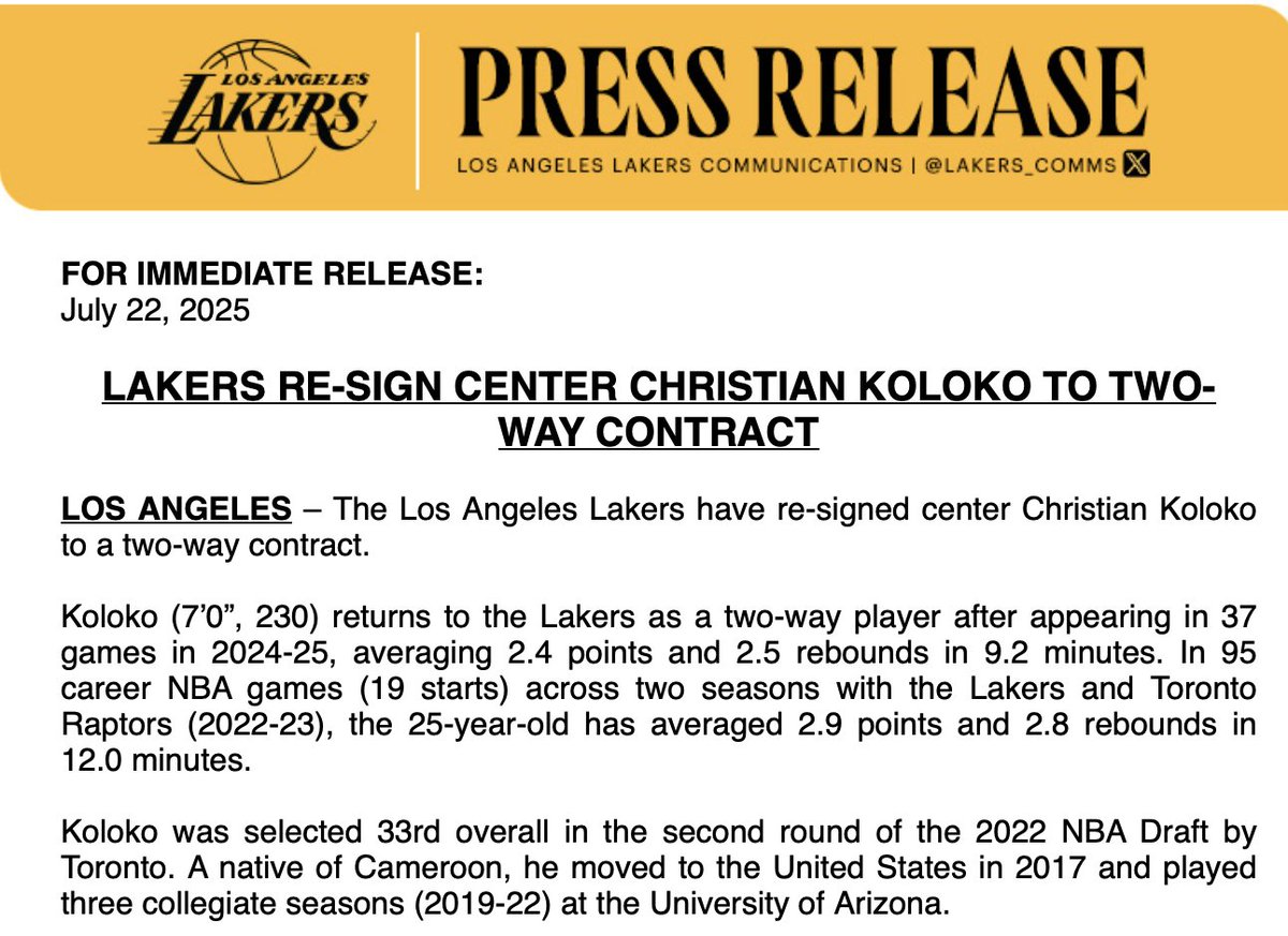 TomerAzarly's tweet image. The Los Angeles Lakers announced that they've re-signed center Christian Koloko to a two-way contract.