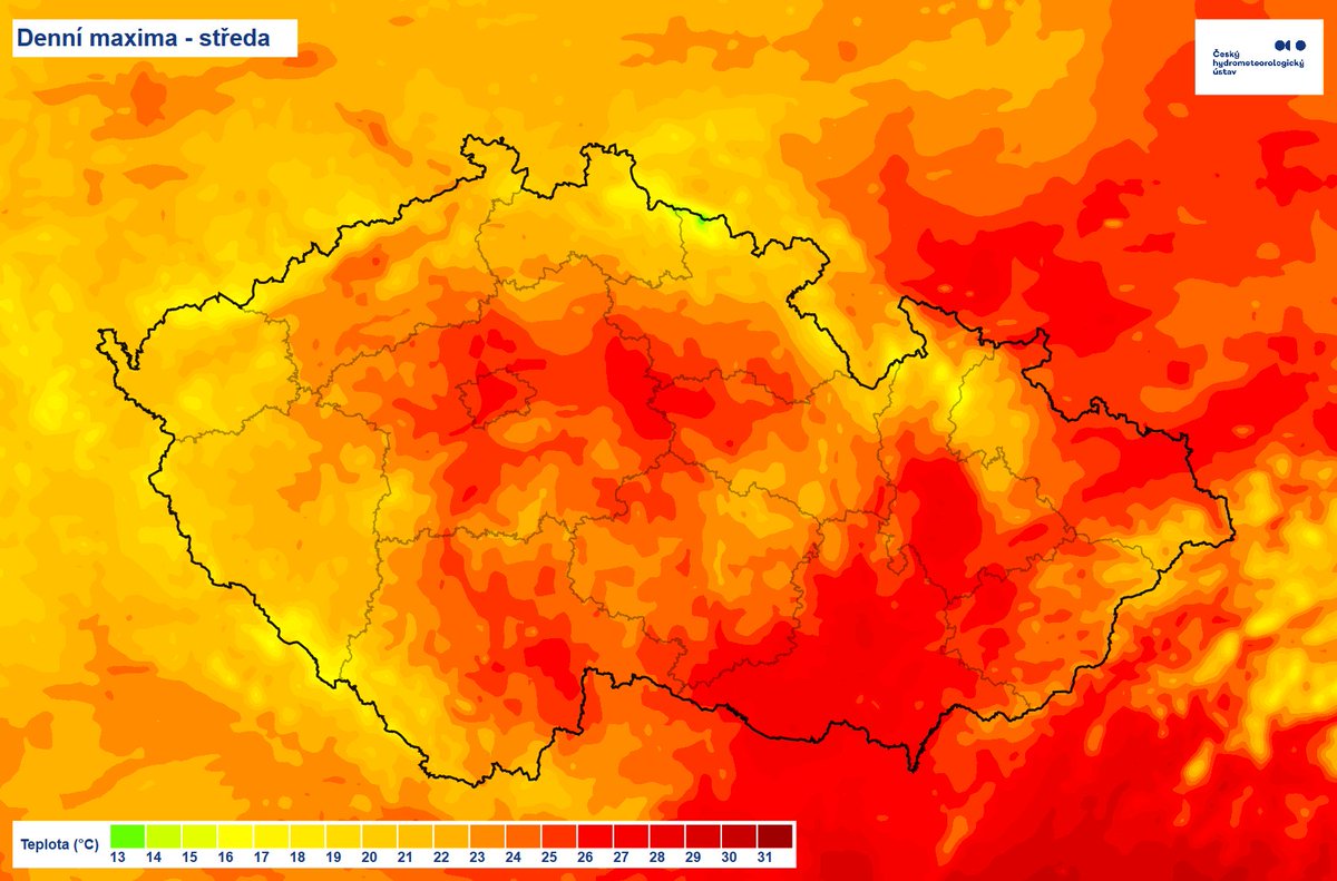 🌤 Dnešek bude na jihu území poměrně slunečný, na severu bude naopak převažovat velká oblačnost a objevit se může i výjimečná přeháňka.

🌡 Teploty vystoupí na 22 až 27 °C, na jižní Moravě až 29 °C, na horách ve výšce kolem 1000 m n. m. se budou nejvyšší teploty pohybovat kolem