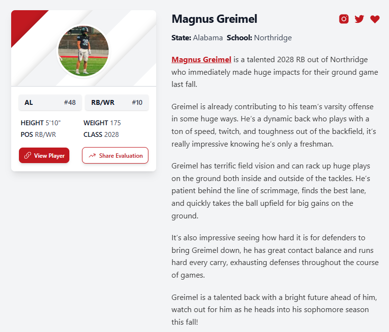 magnusgreimel22's tweet image. Thanks for the evaluation and write up by @PrepRedzoneAL feels great when hard work will be noticed... 1% better every day… 4 weeks to go! #IronSharpensIron #gojags #brotherhood @NHSJagFootball @Recruittheridge @RyanLolley2 @pdavis_22 @RBsNation_RBN @TheRBClub1 @PrepRedzone…