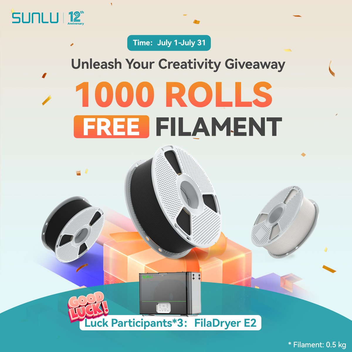 sunluofficial's tweet image. 🎉 The Unleash Your Creativity Giveaway is STILL ON!
We have 400 gifts left — including FREE filaments just for YOU! 🧵🎁
Don't miss your chance to bring your ideas to life.
👉 Tap the link, join, and claim your gift before they're all gone!
🔗 Learn more:…