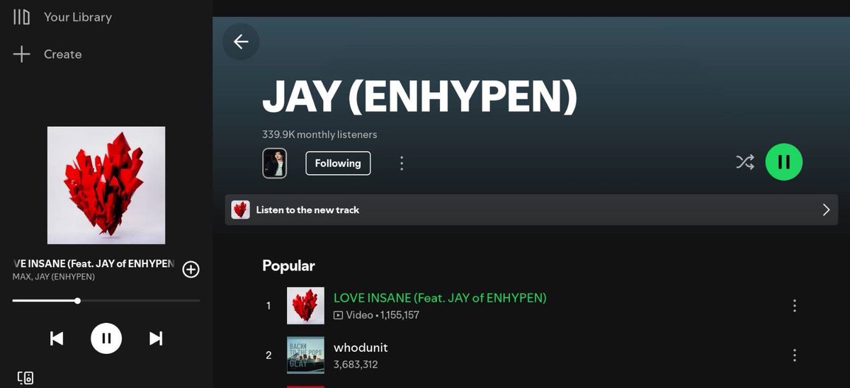 congratulations ‘LOVE INSANE’ for 1M+ listeners on spotify👏🏻 

engeness drop #️⃣ for LOVE INSANE !!

JAY’S LOVE GOES INSANE
#LOVEINSANExJAY_1MStreams
#ENHYPEN_JAY #엔하이픈_제이
<a href="/ENHYPEN_members/">ENHYPEN</a>