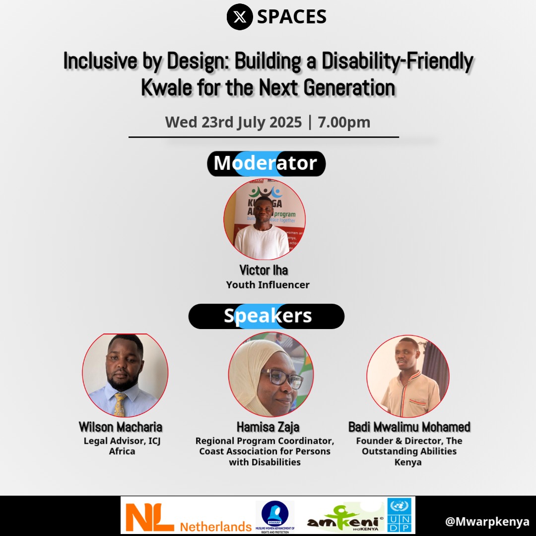 🟣 Building a Disability-Inclusive Kwale!

Join us tonight as we host an engaging X Space conversation on building a Disability Friendly Kwale for the Next Generation.

🕖 Time: 7:00PM
🎙️ Speakers: Disability champions, Community leaders, and policy advocates

#InclusionMatters