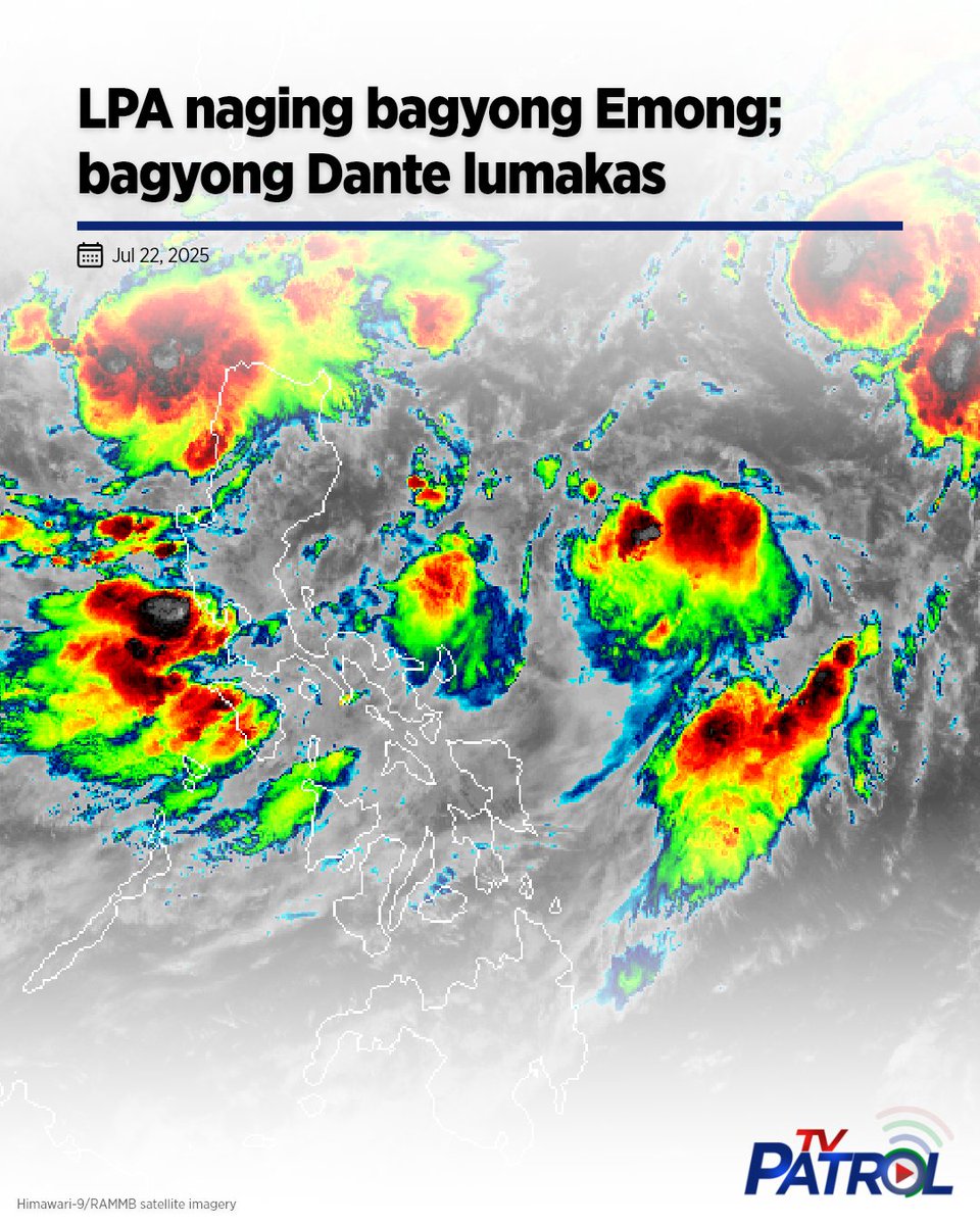 Ganap nang naging Bagyong #EmongPH ang binabantayang low pressure area sa loob ng PAR, habang patuloy rin na lumalakas ang Bagyong #DantePH. 

Buong ulat: abs-cbn.com/news/weather-t…