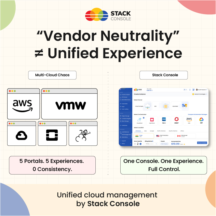 stackconsole's tweet image. Multi-cloud doesn’t mean freedom if you're still locked into 5 different dashboards.
Vendor neutrality only works when your users have one unified experience.
That’s why Stack Console is building the Multi-Console future.
#MultiConsole #CloudFreedom #UnifiedExperience