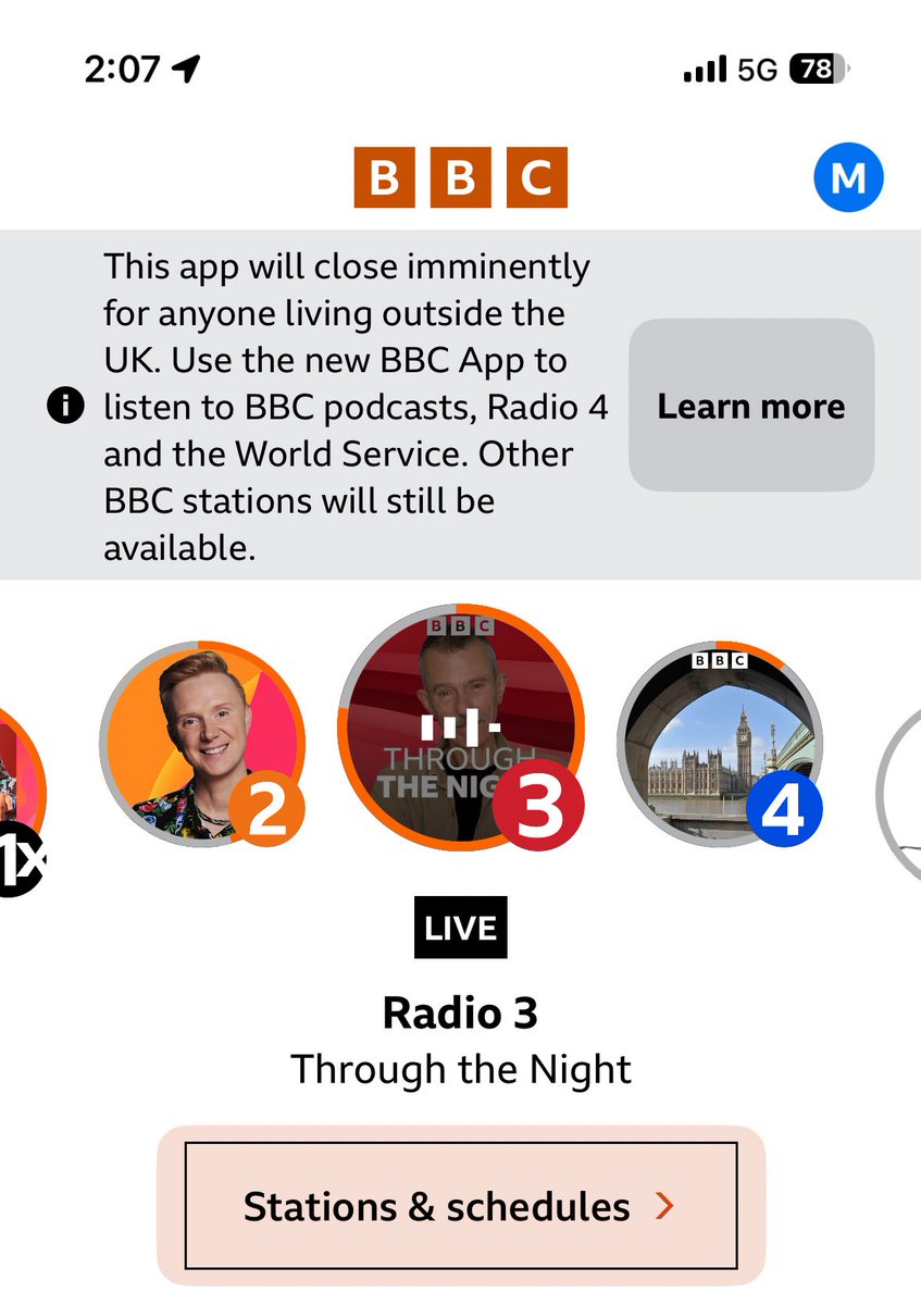 Curiouser and curiouser. This morning, the message said “will close on 21 July”. Now it will “close imminently”. There’s an update available in the App Store which I’m not going to install. Let’s see how long I last. #BBCSounds #BBCSoundsLockout