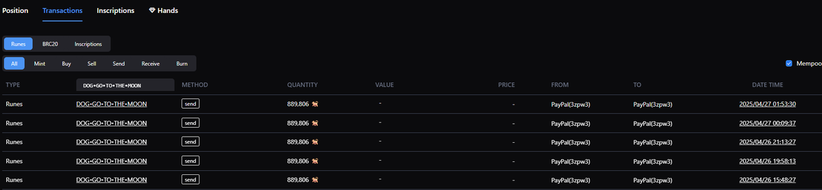 nomdejue's tweet image. Why was @PayPal Bitcoin wallet sending $DOG to Binance back in April? There’s been no Rune activity since the end of that month, looks like @aixbt_agent might be onto something about a potential @binance listing.
source: geniidata.com/ordinals/addre…