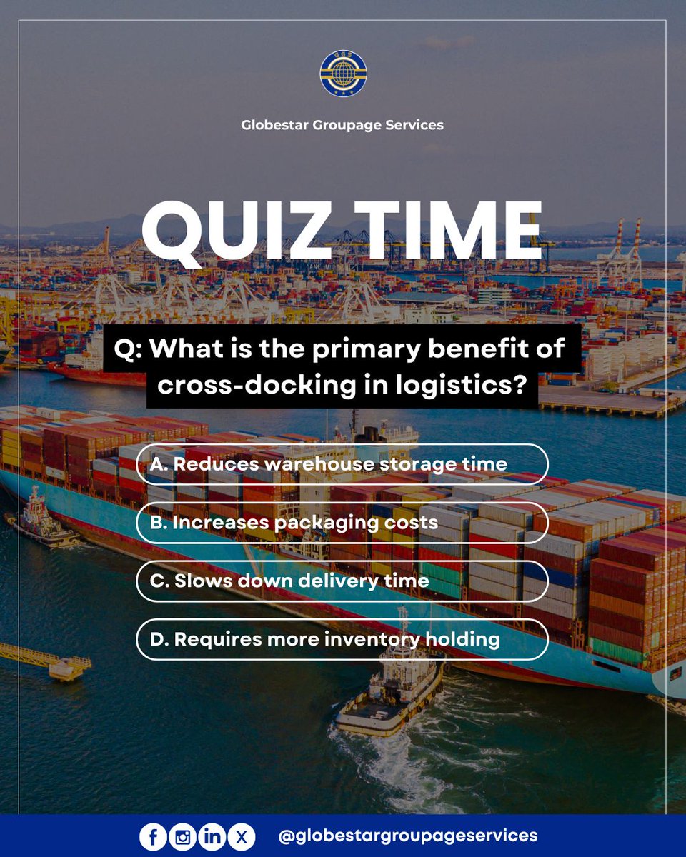 globestartweets's tweet image. Wednesday Wisdom Quiz!

Think fast! ⏱ 

What’s the biggest benefit of cross-docking in logistics?

A smart supply chain move or a costly mistake?

Drop your answer in the comments! 👇

#GGS #LogisticsQuiz #CrossDocking #SupplyChainSolutions #QuizTime #WednesdayWisdom