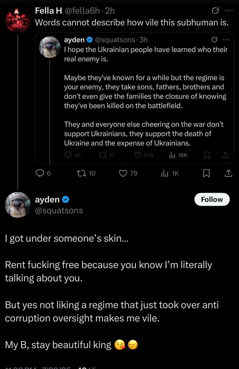 fella6h's tweet image. “Nobody cares more about Ukrainians” says the Bucha-denying supplement salesman who has supporter Russian the entire time.
Ayden is a fugly retard who made a fake Twitter girlfriend to say his dick *isn’t* small, btw