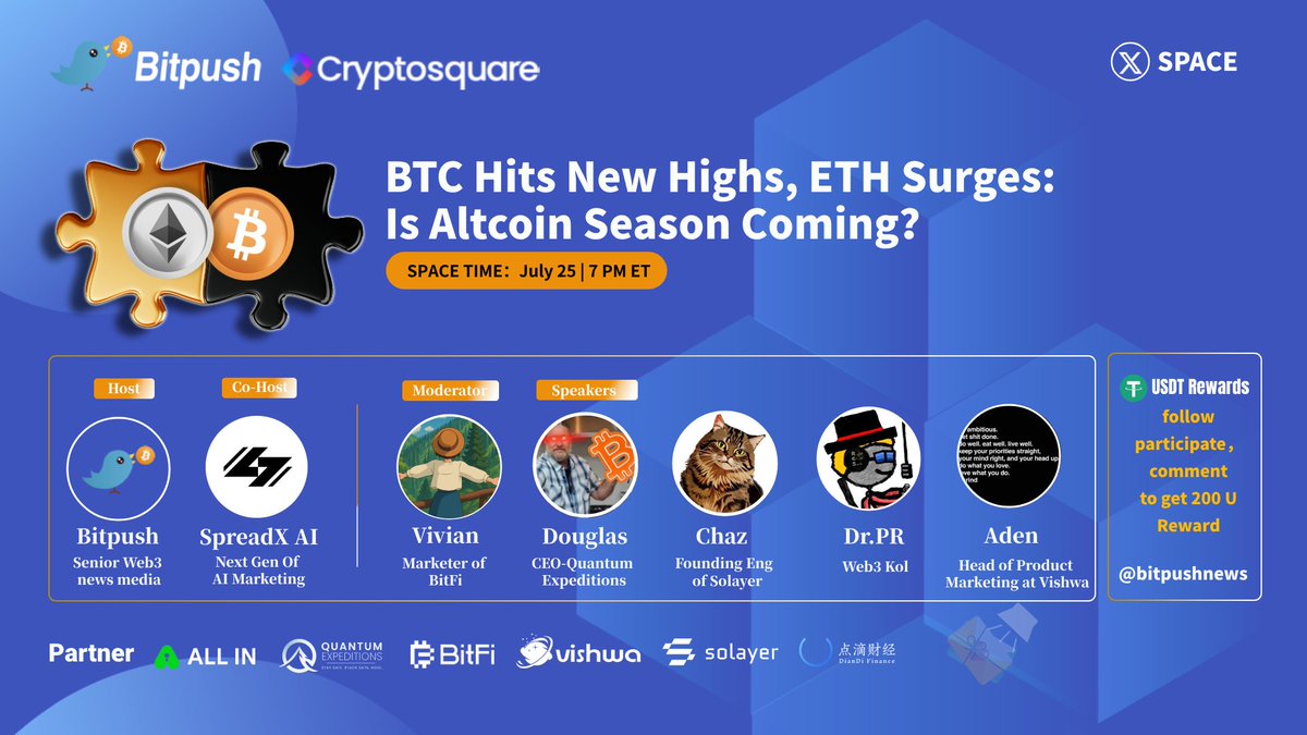 bitpushnews's tweet image. 🚀 #TwitterSpace Announcement: BTC ATH, ETH Pumping - Is #AltSeason Coming?
📅 July 25 | 7PM ET
🔗 Hosted by @BitpushNewsCN + @spreadxai
🎤 All-Star Lineup:
• @vivililivili - Marketer @Bitfi_Org
• @douglashardwick - CEO @QntmExpeditions
• @ChazChazC - Founding Eng…