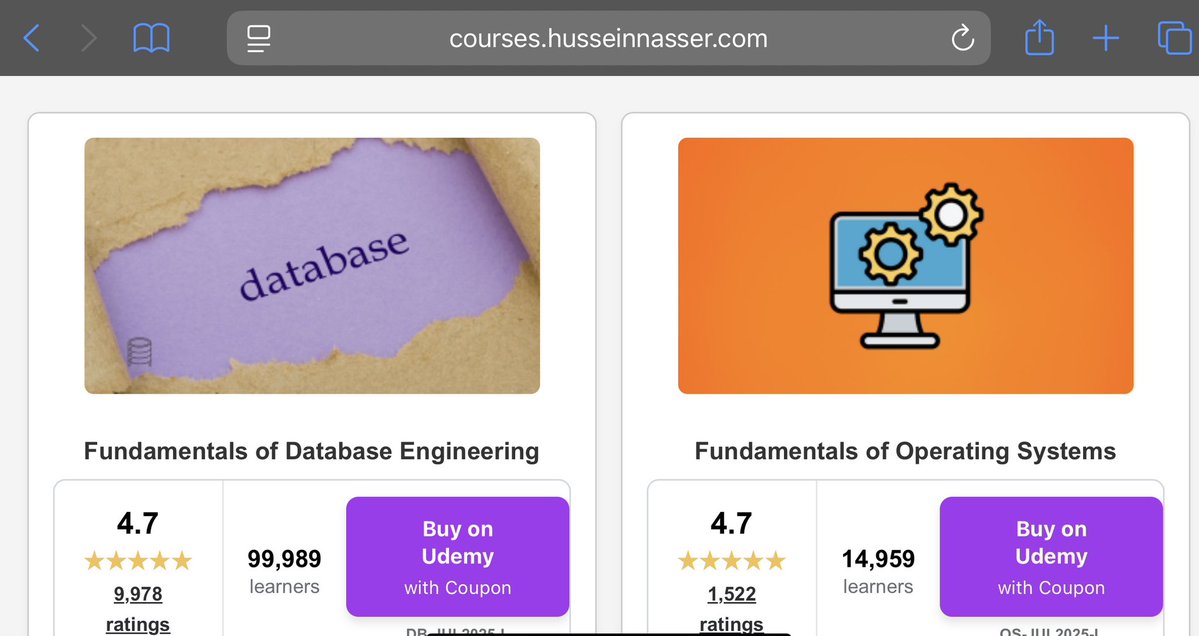hnasr's tweet image. All my courses and the order I recommend taking them on
courses.husseinnasser.com
For updated coupons
courses.husseinnasser.com/coupons.txt