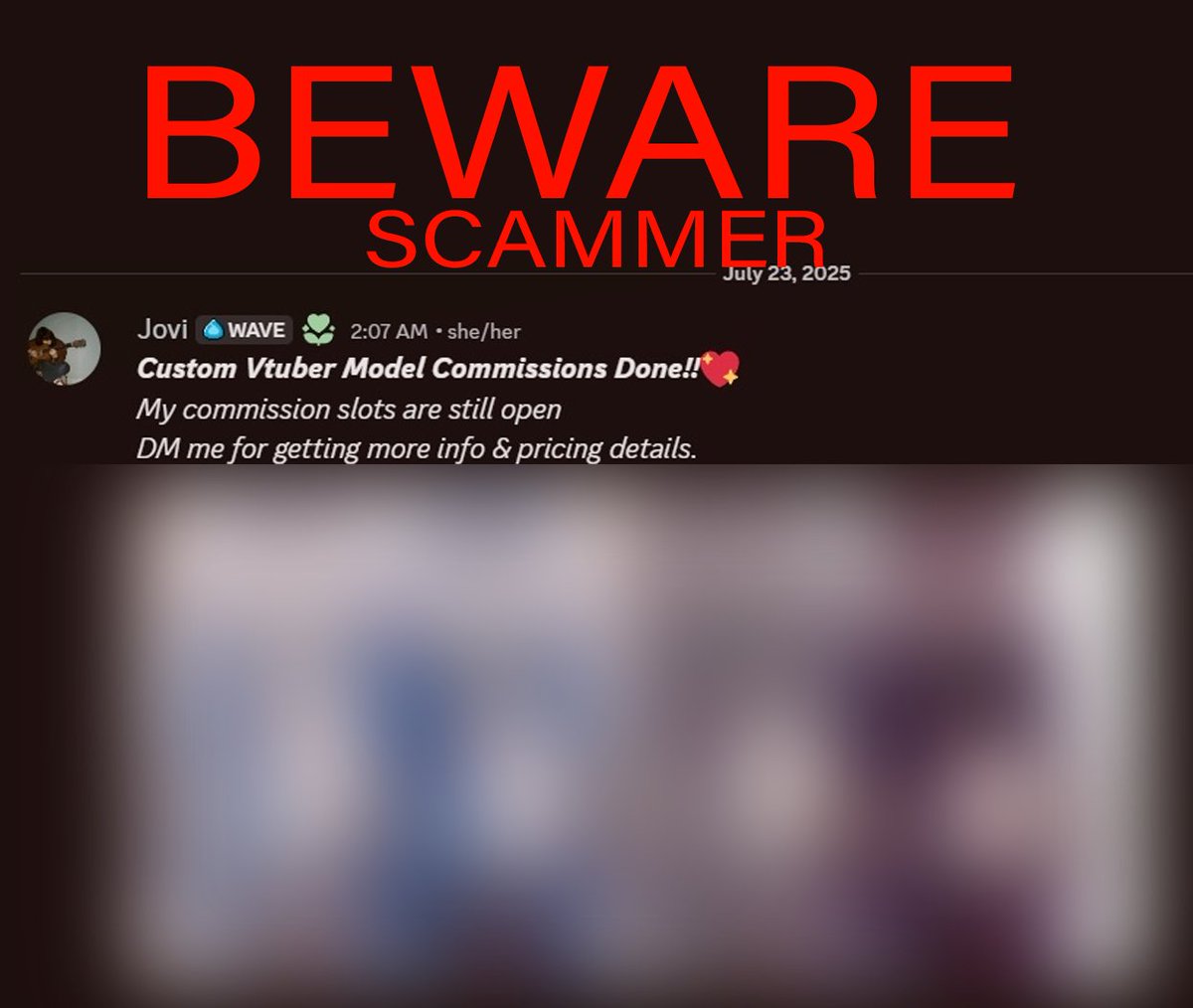 MiekoVT's tweet image. BEWARE!!! I want to warn you that there are people impersonating me trying to re-sell my art and my work, DO NOT believe anything that is not sent by @MiekoVT , Thank you.
I censored the art for the integrity of the client who hasn't debuted yet.