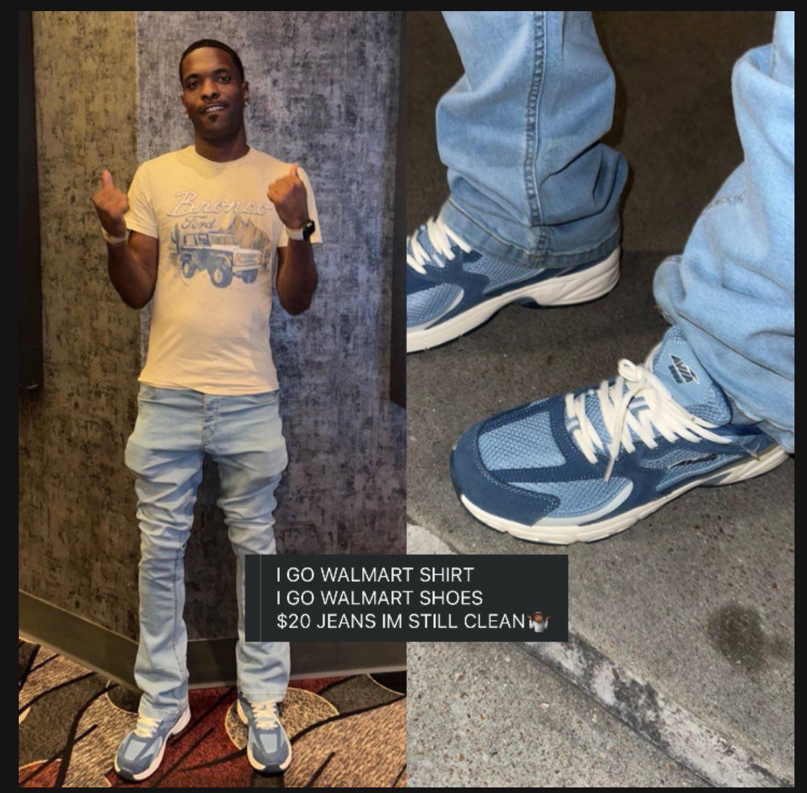 LASHYBILLS's tweet image. Romerick Humphrey's Walmart drip goes VIRAL! 😎 Rockin’ a Walmart shirt, $20 jeans, and🔥 shoes, he's fresh & clean! Walmart's T-shirts and kicks bout to fly off shelves! 🛒