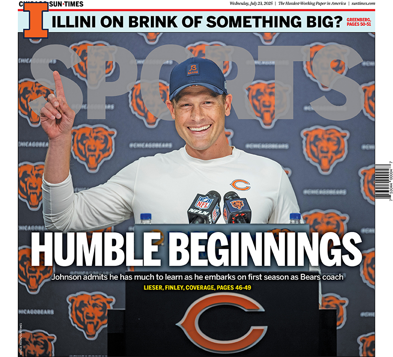 suntimes_sports's tweet image. The @Suntimes_sports Wednesday cover: Ben Johnson admits he has much to learn as he embarks on his first season as Bears coach. Story by @JasonLieser trib.al/AzqeRCG