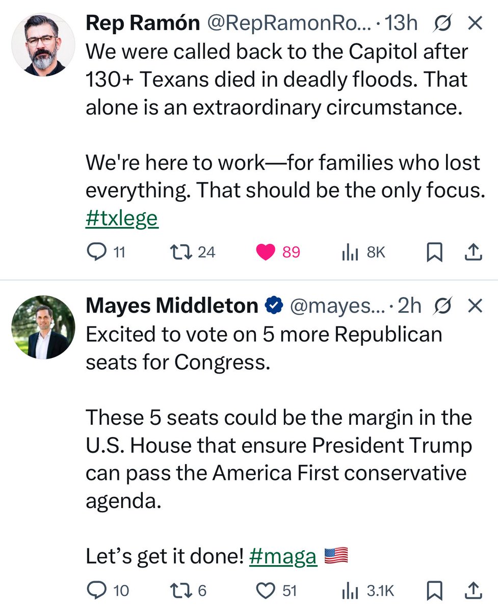 SaraForTexLege's tweet image. Just happened across these two tweets back to back which perfectly encapsulate the glaring difference between @texasdemocrats (top) and @texasgop (bottom)
Texas Democrats work for Texans. Texas Republicans work for Trump.