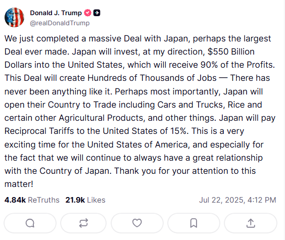BreakingNews4X's tweet image. Trump Announces U.S.-Japan Trade Deal with 15% Reciprocal Tariffs