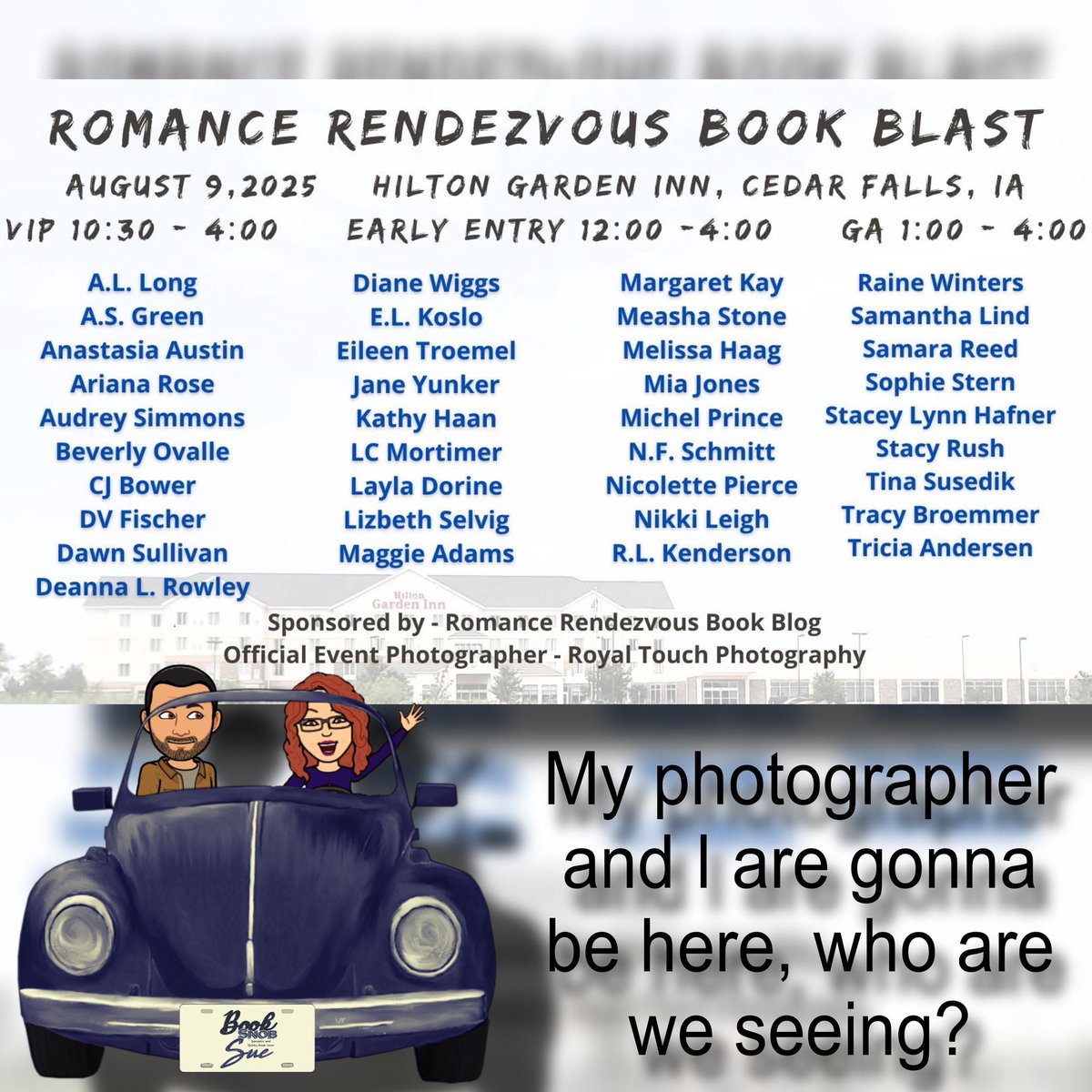 booksnobsue's tweet image. ⚠️ATTENTION⚠️
#RomanceRondezvousBookBlast 2025 - 8/9/25 in Cedar Falls, Iowa...my photographer and I are gonna be here, who are we seeing?
@romanceismyjam
Samantha Lind
Tracy Broemmer
#Anybody? #Anybody? #Buehler #Buehler #AnastasiaAustin #SamanthaLind #TracyBroemmer #RRBB25