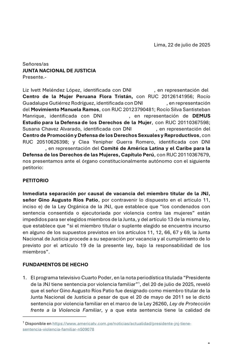 Ojo_Publico's tweet image. #LoÚltimo 🚨 Organizaciones feministas le exigieron a la Junta Nacional de Justicia la "inmediata separación por causal de vacancia" del miembro titular de la JNJ, Gino Ríos, que tiene una sentencia condenatoria por violencia familiar.