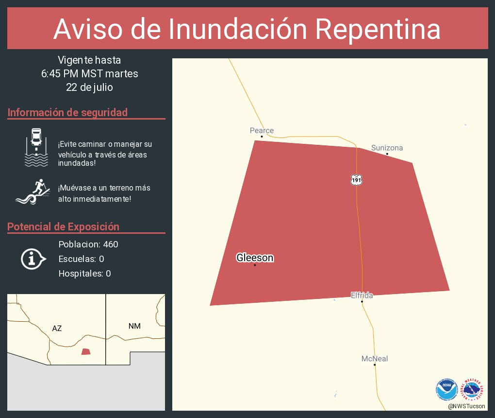 NWSTucson's tweet image. Aviso de Inundación Repentina incluye Gleeson AZ hasta las 6:45 PM MST