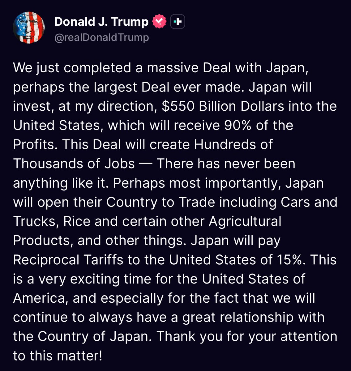 CryptoPeakX's tweet image. 🚨 BREAKING: President Trump Announces Historic $550B Deal with Japan 🇺🇸🇯🇵
#TRUMP #USA #JAPAN