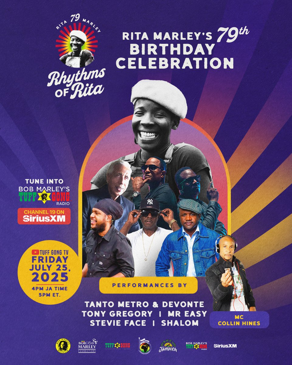bobmarley's tweet image. 🎉 Get ready to catch the rhythm! 🎉
This Friday, July 25, join us for “Rhythms of Rita”, a joyful celebration of @nanaritamarley's 79th birthday 💛❤️💚
There are so many ways to celebrate this living legend:
🎧 LISTEN on Bob Marley’s #TuffGongRadio (@SIRIUSXM Ch. 19) for the…