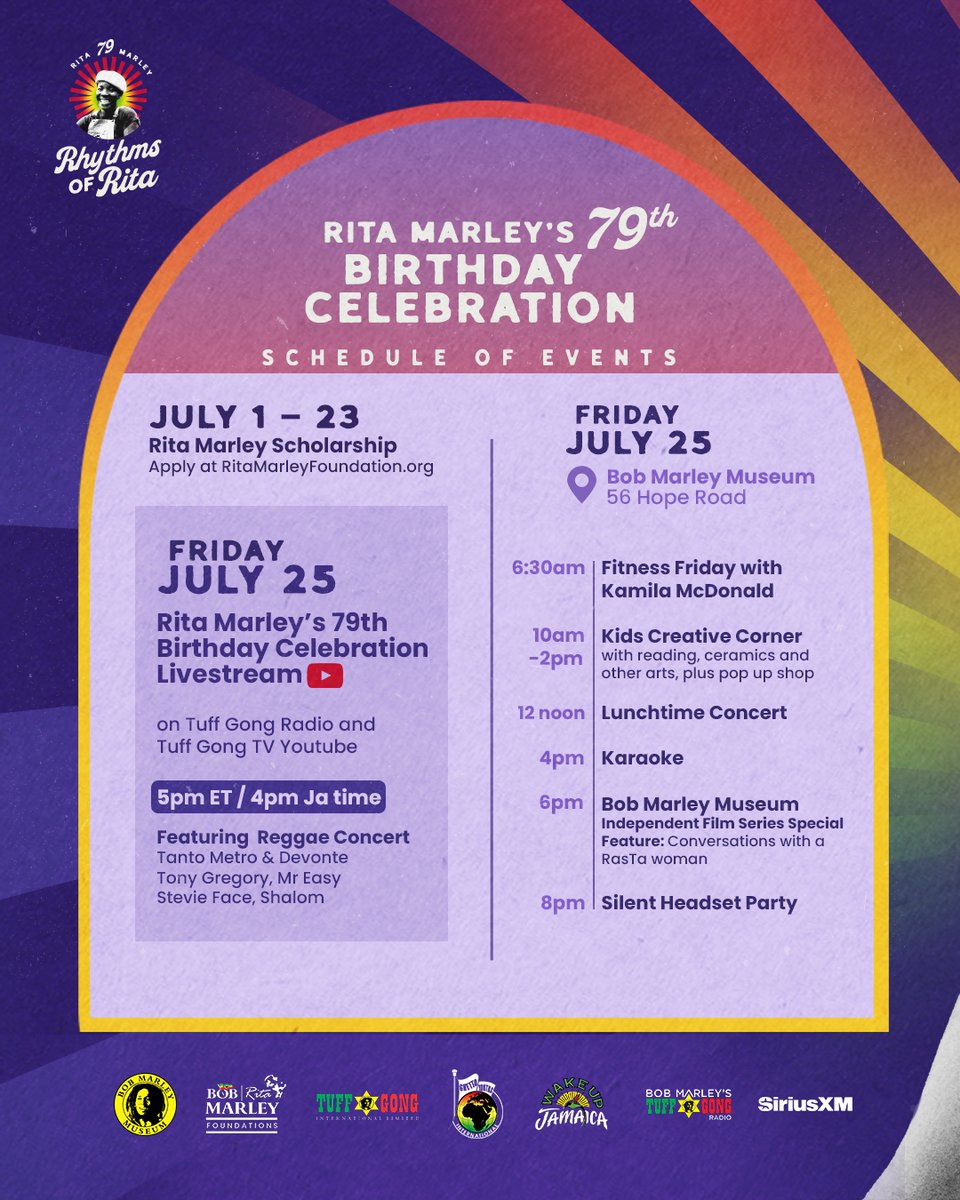 bobmarley's tweet image. 🎉 Get ready to catch the rhythm! 🎉
This Friday, July 25, join us for “Rhythms of Rita”, a joyful celebration of @nanaritamarley's 79th birthday 💛❤️💚
There are so many ways to celebrate this living legend:
🎧 LISTEN on Bob Marley’s #TuffGongRadio (@SIRIUSXM Ch. 19) for the…