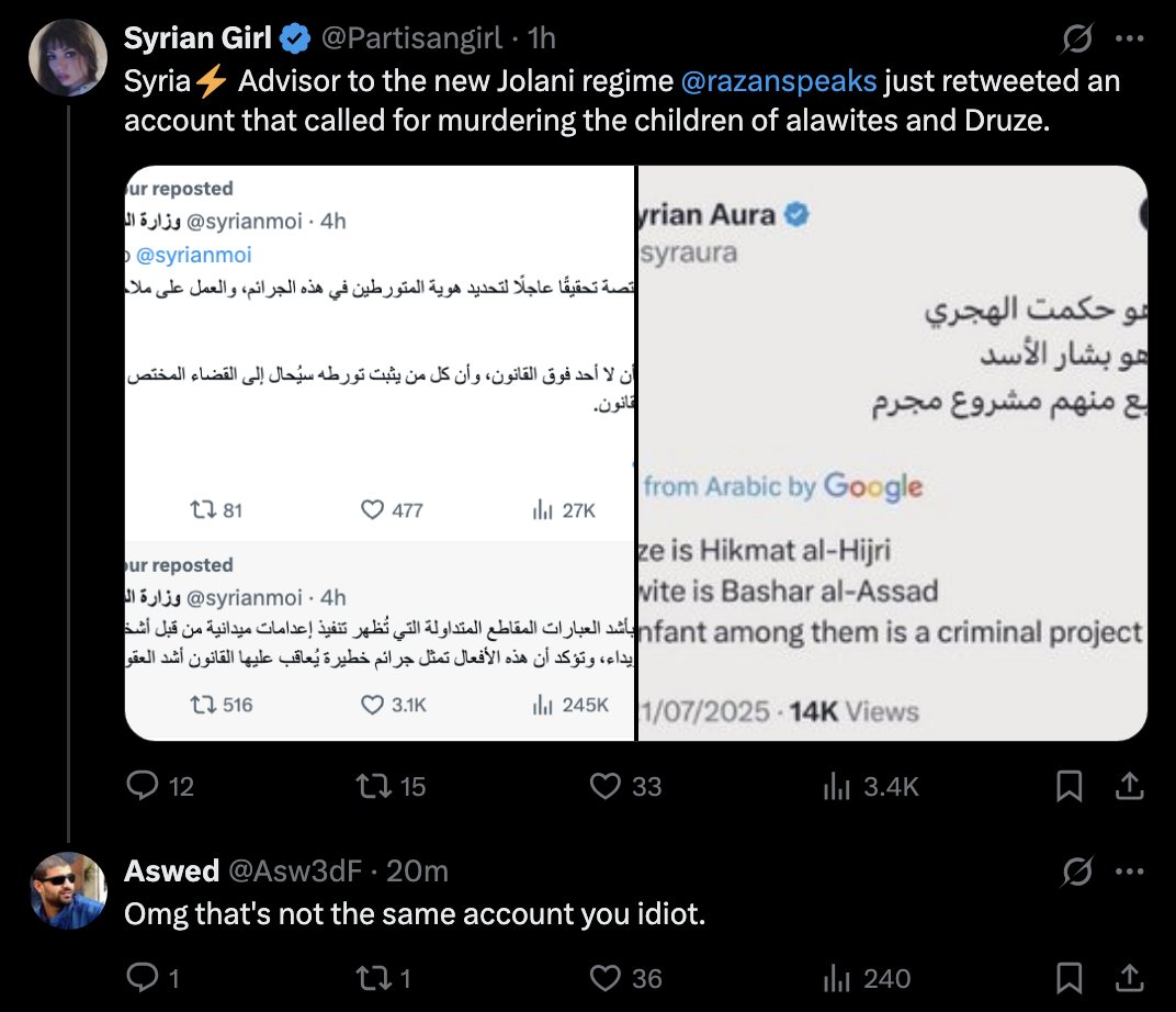 AHernandez_SAC's tweet image. Fanning the flames of sectarianism as usual. Assad's former internet army with nothing to do. Confuses Syrian Govt employee reposting Syrian Govt account (syrian moi) with a random account (syrian aura). Gotta love it.