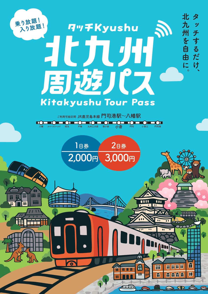 kcta_sns's tweet image. ＼ お得で便利な周遊パス 販売開始 ／

ＪＲ九州（門司港駅～八幡駅間の普通・快速列車）と市内の対象施設を定額で何度も利用できる「北九州周遊パス～タッチＫｙｕｓｈｕ～」が７月２３日（水）から販売されます！

お得で便利な周遊パスで、魅力満載の北九州の旅をお楽しみください✨…