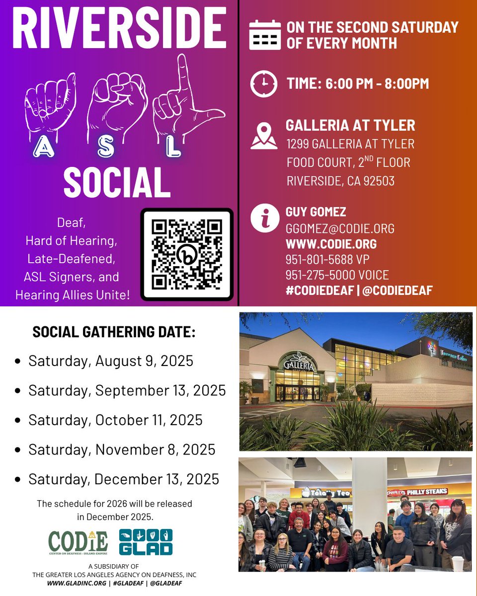 CODIEdeaf's tweet image. Riverside ASL Social: August 9, 2025 at 6 PM. Contact ggomez@codie.org, 951-801-5688 (videophone), or 951-275-5000 (voice). More info: codie.org/hhld/ #codiedeaf #hardofhearing #latedeafened #deafcommunity #aslclub