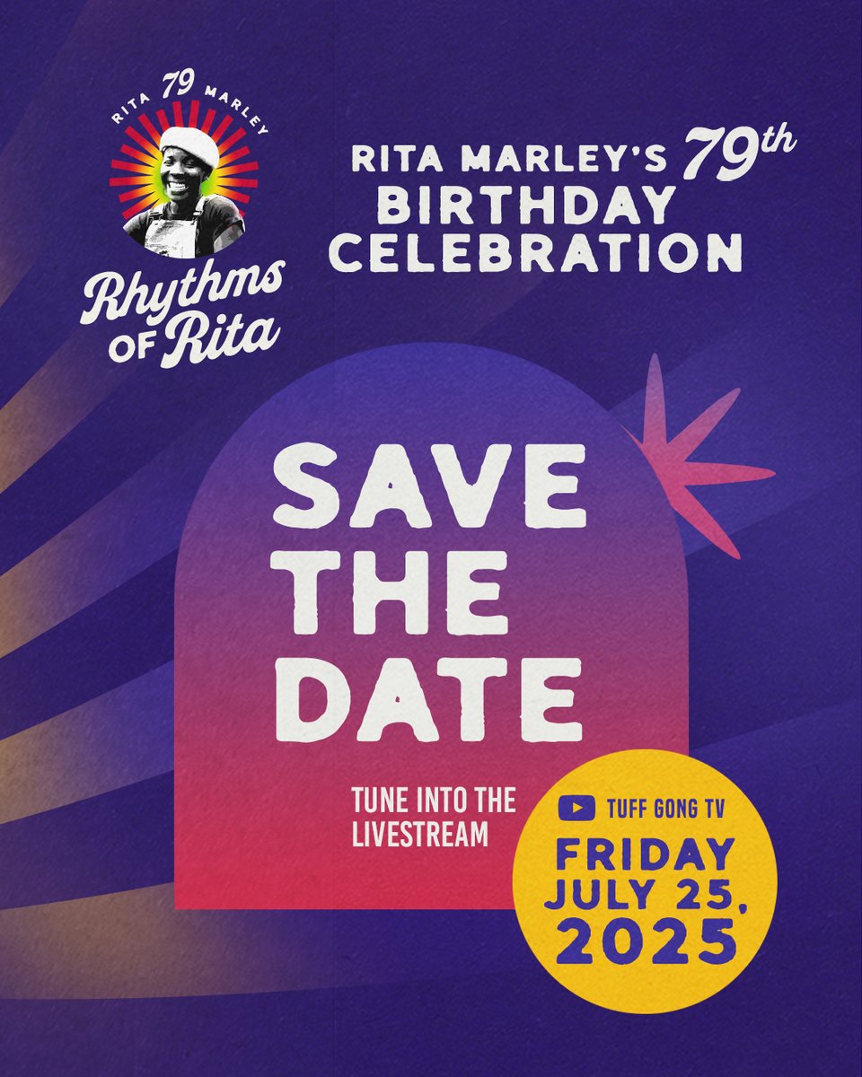 bobmarley's tweet image. 🎉 Get ready to catch the rhythm! 🎉
This Friday, July 25, join us for “Rhythms of Rita”, a joyful celebration of @nanaritamarley's 79th birthday 💛❤️💚
There are so many ways to celebrate this living legend:
🎧 LISTEN on Bob Marley’s #TuffGongRadio (@SIRIUSXM Ch. 19) for the…