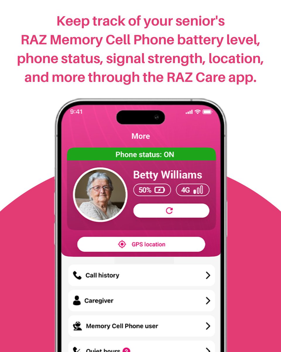 Want peace of mind at a glance?

The “More” section in the RAZ Care app shows you if your senior's RAZ Memory Cell Phone is on, the battery level, signal strength, and even the phone’s current location, all without bothering your loved one.

Learn more about how caregivers