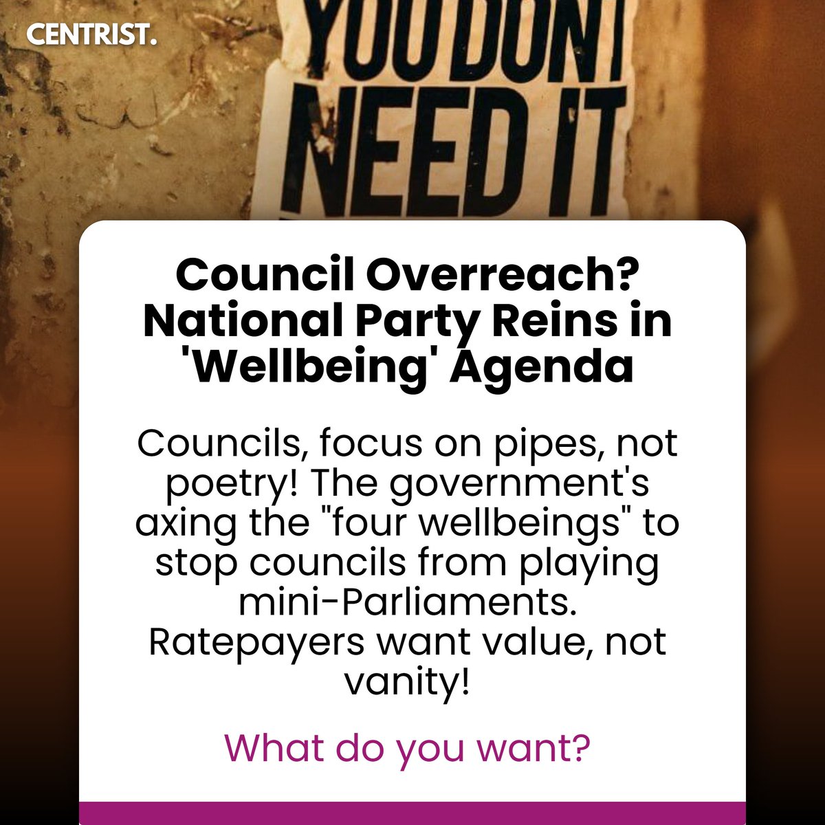 centrist_nz's tweet image. ‘Wellbeings’ scrapped: Govt bill reins in council overreach, aims to cut rates and refocus on core services like roads and pipes.
Read More: zurl.co/lZxKG